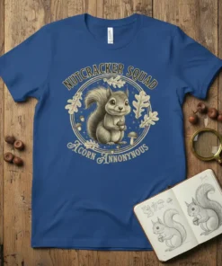 Nutcracker Squad Acorn Anonymous tee featuring a cute squirrel holding an acorn, surrounded by oak leaves and mushrooms