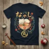 Nyan Ramen Cat T-Shirt design featuring a white cat sleeping in a ramen bowl with Japanese text and floral accents