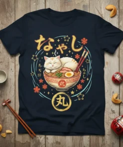 Nyan Ramen Cat T-Shirt design featuring a white cat sleeping in a ramen bowl with Japanese text and floral accents