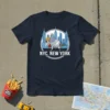 Navy t-shirt with "NYC, New York" text and a graphic of a pigeon holding french fries, with New York City