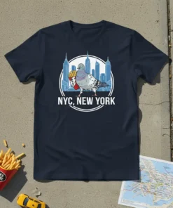 Navy t-shirt with "NYC, New York" text and a graphic of a pigeon holding french fries, with New York City