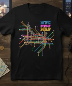 Black t-shirt featuring a colorful, detailed NYC Subway Map graphic with neon-style text