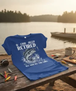 O - Fish - Ally Retired See You At The Lake t-shirt with a bass fish graphic and fishing lure