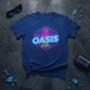 Oasis Est 1991 retro 90s music t-shirt design featuring neon pink and blue geometric shapes, palm trees, and the band's