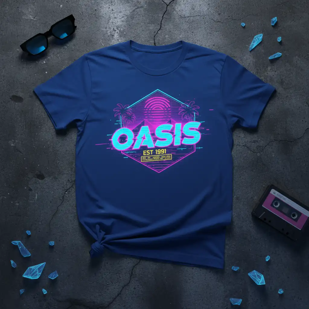Oasis Est 1991 retro graphic tee with neon geometric shapes, palm trees, and vibrant pink and blue colors