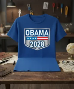 Obama 2028 presidential campaign t-shirt with shield logo featuring stars and stripes