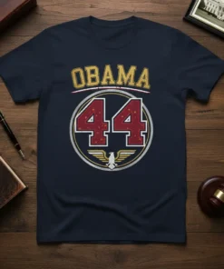 Obama 44th President t-shirt design with gold text and maroon numbers in a circle graphic