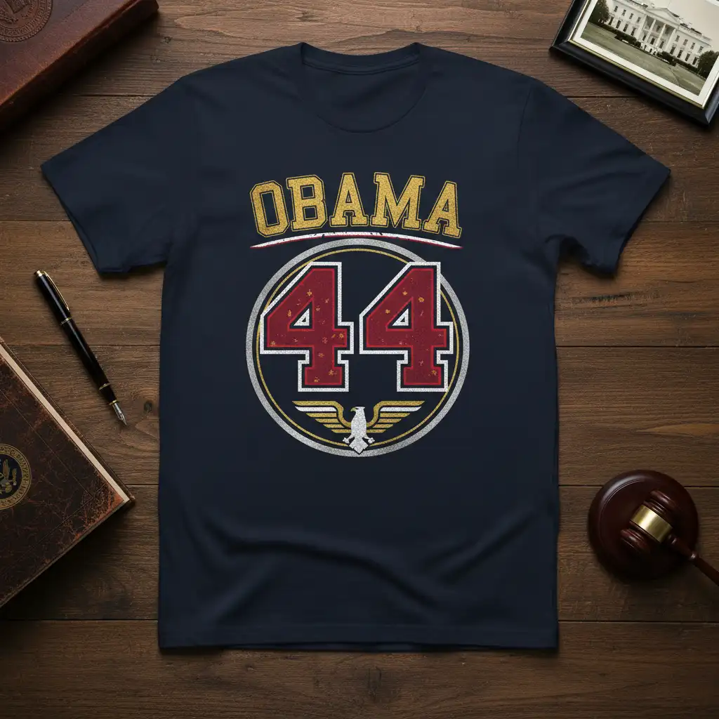 Obama 44th President t-shirt design featuring gold text and maroon 44 in a circular emblem with an eagle graphic
