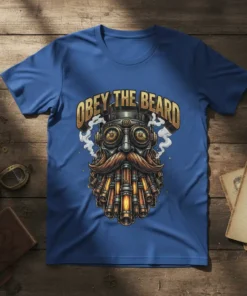 Obey The Beard Steampunk T-Shirt featuring a mechanical beard with pipes and goggles and the text "OBEY THE BEARD" in