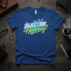 Objection, Hearsay! text design with stylized font on a blue t-shirt, perfect for legal professionals