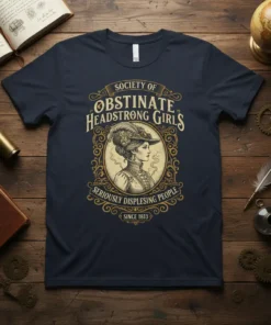 Society of Obstinate Headstrong Girls vintage t-shirt design with a woman in historical attire and the quote "Seriously Displeasing People