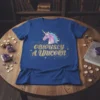 Obviously A Unicorn text with a geometric unicorn head graphic on a blue t-shirt