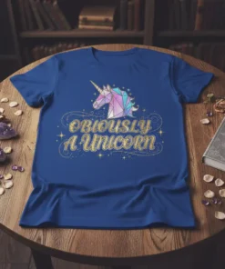 Obviously A Unicorn text with a geometric unicorn head graphic on a blue t-shirt