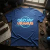 Occupy Uranus text in neon blue and orange above a glowing planet graphic, on a blue t-shirt