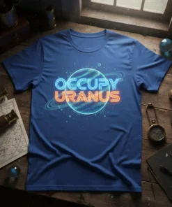 Occupy Uranus text in neon blue and orange above a glowing planet graphic, on a blue t-shirt