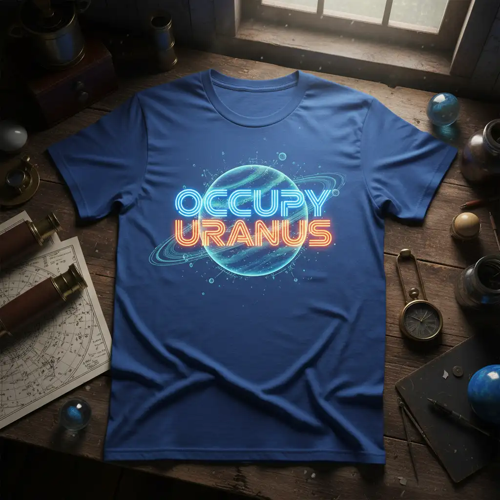 Occupy Uranus slogan in glowing neon text above a stylized planet graphic on a blue t-shirt