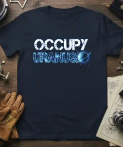 Occupy Uranus text with a planet graphic on a navy blue t-shirt, space exploration theme