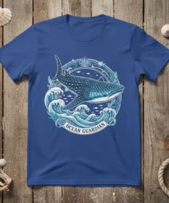 Ocean Guardian T-Shirt design with a whale shark swimming through waves and a compass graphic