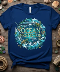 Ocean Protector t-shirt design featuring a circular wreath of waves, coral, jellyfish, sea turtles, a dolphin, and a shark