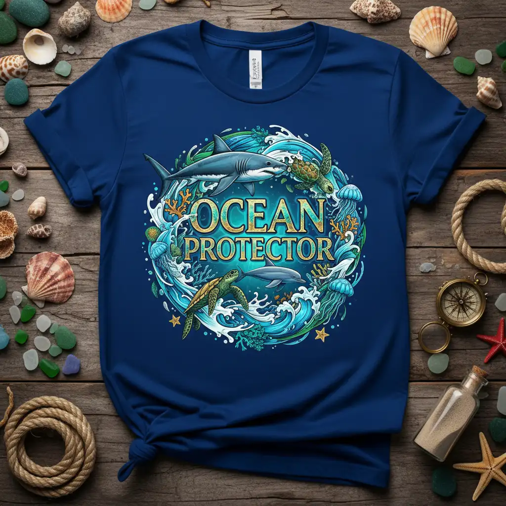 Ocean Protector text design with marine life including shark, sea turtles, and dolphin in a wave circle graphic