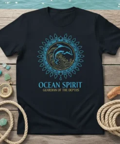 Ocean Spirit Guardian of the Depths t-shirt with a blue and yellow dolphin and wave graphic within a sun-like mandala