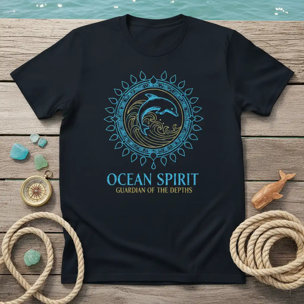 Ocean Spirit Guardian of the Depths text with a leaping dolphin and wave graphic in a mandala design