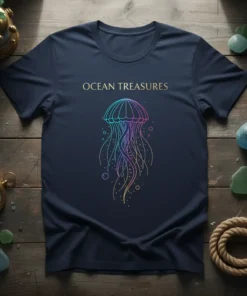 Ocean Treasures t-shirt with a colorful, outlined jellyfish graphic and text above