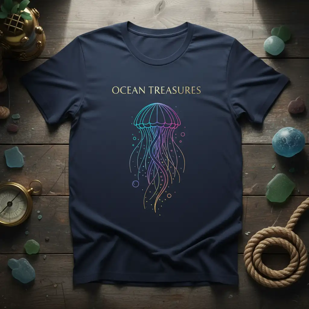 Ocean Treasures text and colorful outlined jellyfish graphic on a navy blue t-shirt