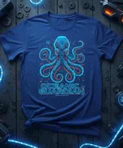 Oceanic Guardian T-Shirt with a neon cyber octopus design and text "Oceanic Guardian" and "Cosmic.Kaiju.Infused"