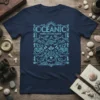 Navy blue t-shirt featuring "Oceanic Marine Life Exploration" text and detailed line art of various sea creatures like sharks, dolphins