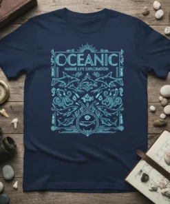 Navy blue t-shirt featuring "Oceanic Marine Life Exploration" text and detailed line art of various sea creatures like sharks, dolphins