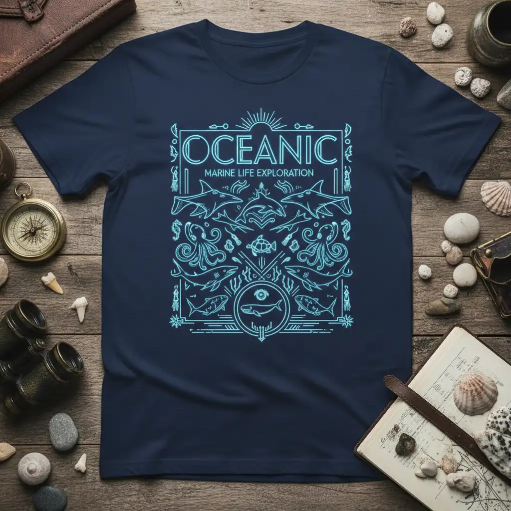 Oceanic Marine Life Exploration design with intricate sea creature line art on a navy blue t-shirt
