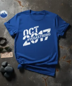 OCT 2017 #VEGASSTRONG text design on a blue t-shirt, symbolizing remembrance and unity