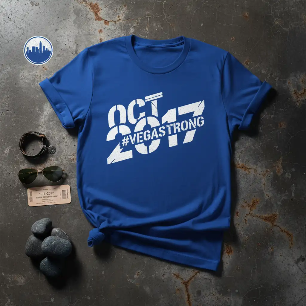 OCT 2017 #VEGASSTRONG bold white typography on a royal blue t-shirt, commemorating a significant event