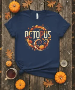 Navy t-shirt with "OCTOPUS" in stylized text surrounded by pumpkins, leaves, and a swirl design, representing a fall octopus theme