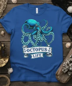 Octopus Life t-shirt design featuring a blue octopus and nautical banner with anchors