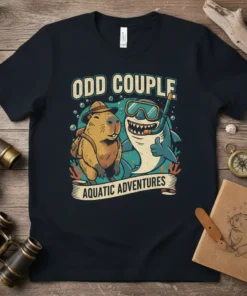 Odd Couple Aquatic Adventures t-shirt design with a capybara and shark graphic