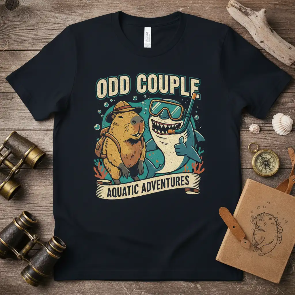 Odd Couple Aquatic Adventures capybara and shark duo graphic tee design