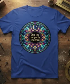 O'er the ramparts watched quote on a blue t-shirt with a circular stained-glass inspired design featuring a moon and stars