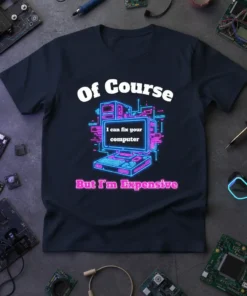 T-shirt with neon text "Of Course I can fix your computer But I'm Expensive" and retro computer graphic