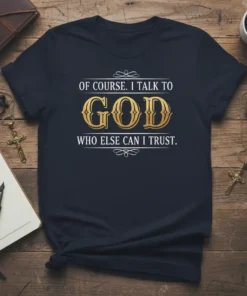 Dark navy t-shirt with gold lettering quote "Of Course. I Talk To God Who Else Can I Trust."