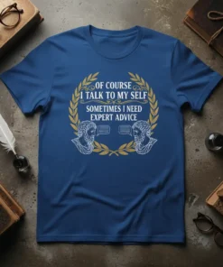 T-shirt featuring the quote "Of Course I Talk To My Self Sometimes I Need Expert Advice" in a laurel wreath