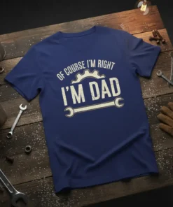 Of Course I'm Right I'm Dad humorous t-shirt with gear and wrench graphic