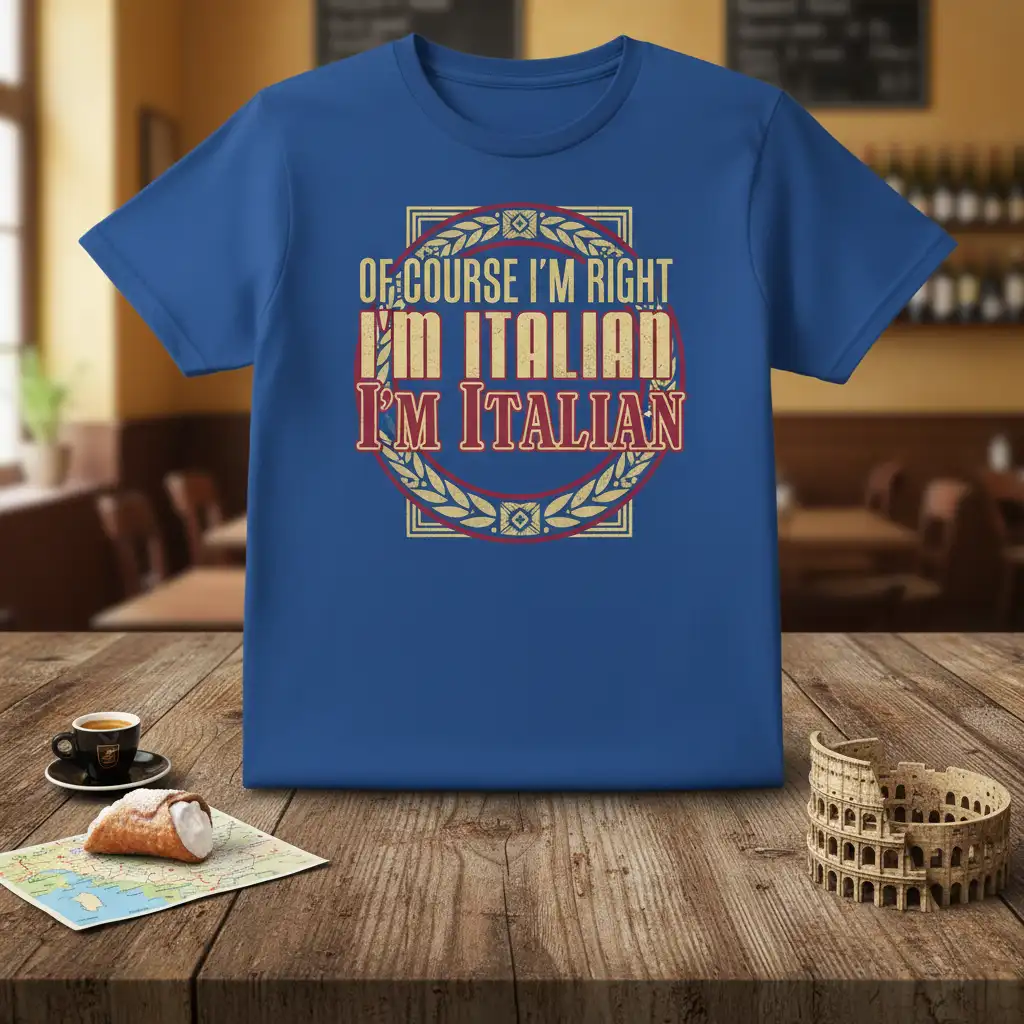 Of Course I'm Right I'm Italian quote printed on a blue t-shirt with ornate border detail