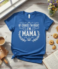 Of Course I'm Right I'm Mama quote on a blue t-shirt, featuring a floral wreath and crown graphic