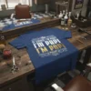 Blue t-shirt with white and gold text "Of Course I'm Right I'm Papi I'm Papi" and decorative elements