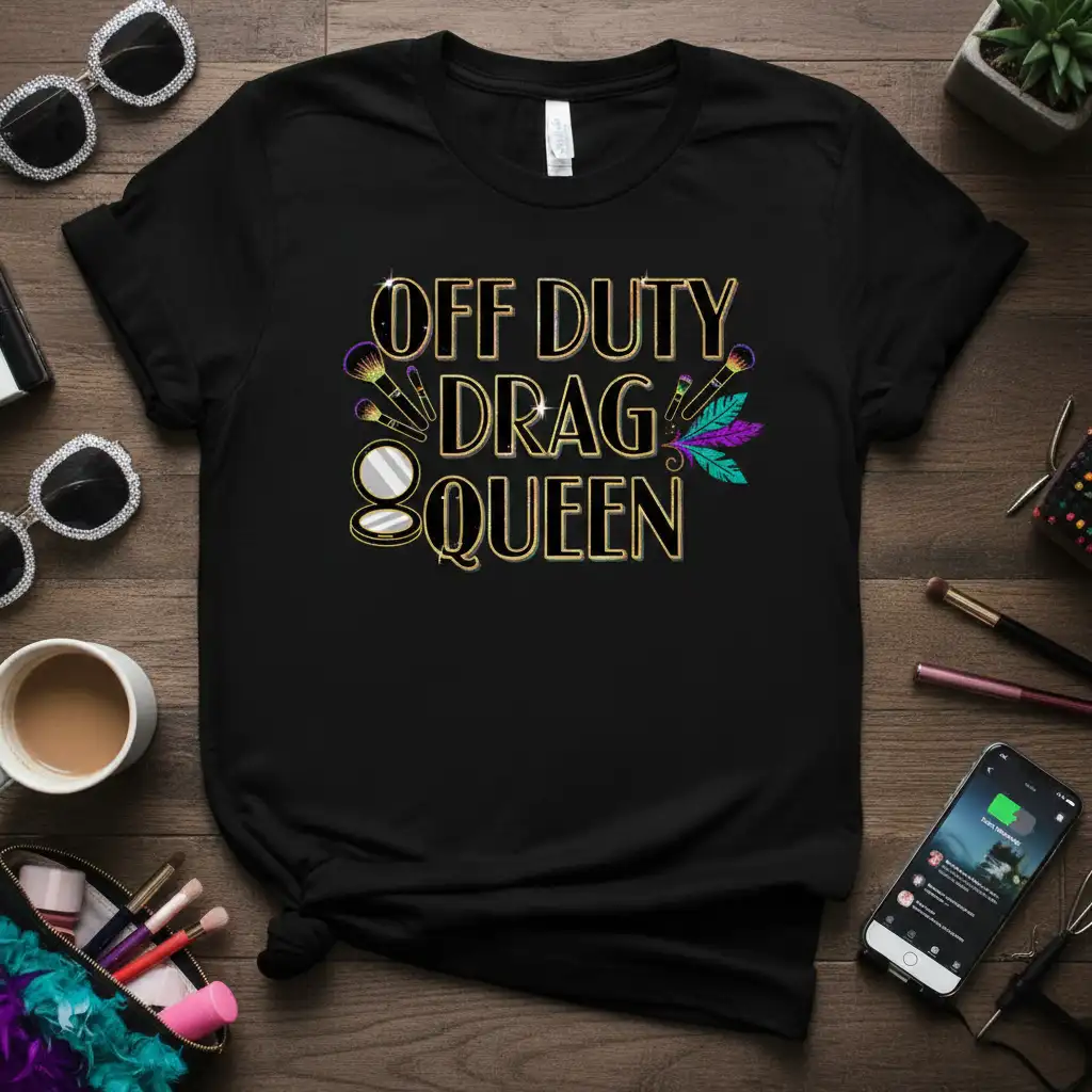 Off Duty Drag Queen text with makeup brushes and feathers graphic on black t-shirt design