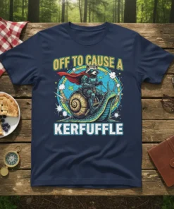 Off to Cause a Kerfuffle t-shirt with a raccoon riding a snail and wearing a cape