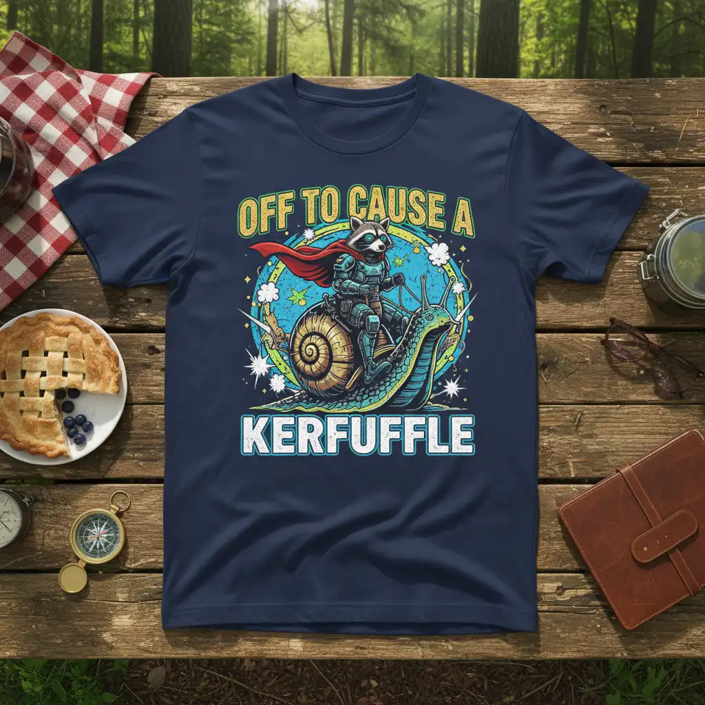 Off to Cause a Kerfuffle quote with a cool raccoon riding a snail graphic on a t-shirt