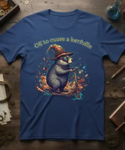 Wizard badger wearing a hat and goggles riding a scooter, with text "Off to cause a kerfuffle" on a navy